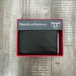 Perry Ellis Portfolio Trifold Wallet Genuine Leather Black NWT
